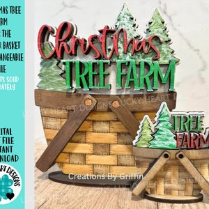May include: A wooden Christmas tree farm sign with a red and green colour scheme. The sign features a basket with a wooden handle and the words "Christmas Tree Farm" in a stylised font.