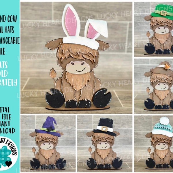 Highland Cow Animal Hats Interchangeable MINI File SVG, Seasonal Leaning sign, Holiday, Farm Tiered Tray Glowforge, LuckyHeartDesignsCo