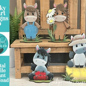 May include: Four wooden horse figurines with cartoon-like features. One horse wears blue overalls, another holds daisies, a third sits with red apples, and the last wears a hat and sits on a hay bale. The text "Lucky Heart Designs Co" and "Digital cut file instant download" are visible.