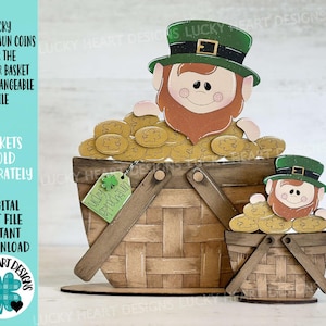 May include: A digital cut file design for a leprechaun holding a basket of gold coins. The design features a leprechaun with a green hat and beard, and a basket filled with gold coins. The design is perfect for creating a festive St. Patrick's Day decoration.