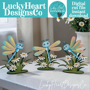 Dragonfly Standing Sign File SVG, Glowforge Flower, Daisy, Dragonflies, Spring, Summer, Daisies, Tiered Tray LuckyHeartDesignsCo