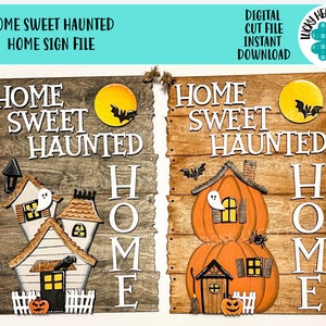May include: Two wooden signs with the text "Home Sweet Haunted" and a spooky house and pumpkin design. The signs are perfect for Halloween decor.
