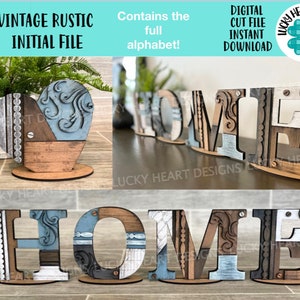 Arquivo de iniciais rústicas vintage SVG, Glowforge Farmhouse, LuckyHeartDesignsCo