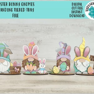 Vassoio a più livelli in piedi con gnomi coniglietto pasquale SVG, uovo, primavera, cestino, decorazioni per le feste, Glowforge, LuckyHeartDesignsCo
