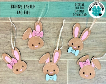 May include: Five brown bunny-shaped wooden tags with pink ears and a bow or bowtie. The tags are decorated with the names "Remi", "Lilyana", "Kole", "Kage", and "Alilah".