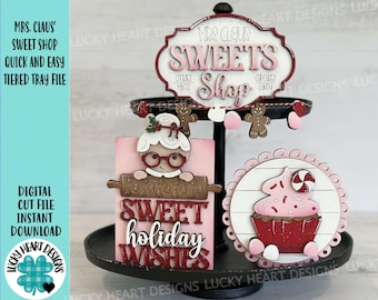 Mrs. Claus Sweet Shop Quick and Easy Tiered Tray File SVG, Glowforge Christmas, Candy cane, Gingerbread, LuckyHeartDesignsCo