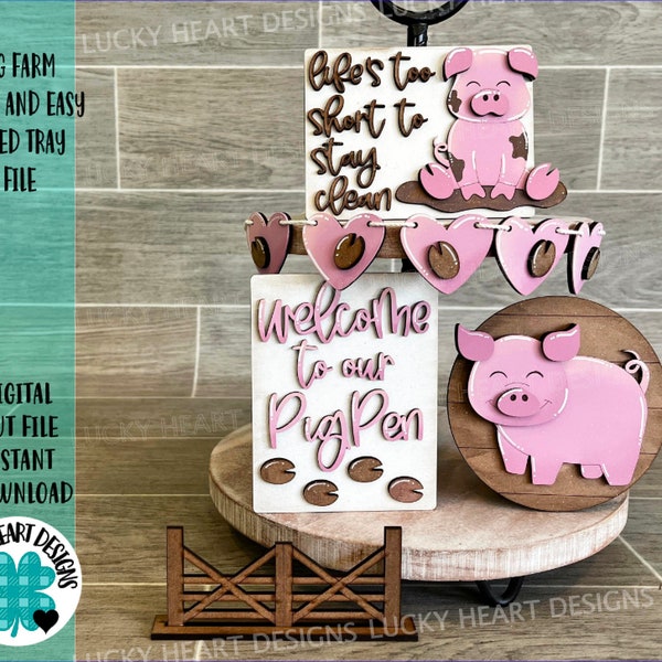 Pig Farm Quick and Easy Tiered Tray File SVG, Glowforge Tier Tray Farmhouse Decor, LuckyHeartDesignsCo