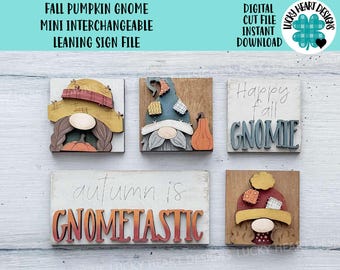 Op de afbeelding: Een verzameling mini-bestanden voor verwisselbare borden met herfstkabouters. De borden tonen de teksten "Happy Fall Gnomie" en "Autumn is Gnomtastic". De kabouters zijn afgebeeld met hoeden en pompoenen.