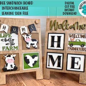May include: A wooden interchangeable leaning sign with two sides. One side says "Welcome Home" with a green truck and a chicken. The other side has a banner that says "Home" and three squares. One square says "Life is better on the farm" with a cow. Another square has a cow and the last square has a cow-print heart.