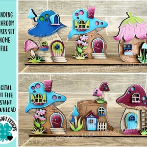 Set di case a fungo in piedi Gnome File SVG, Fall Glowforge, Fairy Village, LuckyHeartDesignsCo