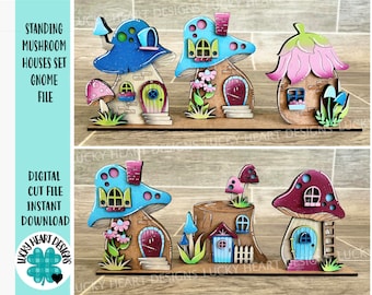 Standing Mushroom Houses Set Gnome File SVG, Fall Glowforge, Fairy Village, LuckyHeartDesignsCo