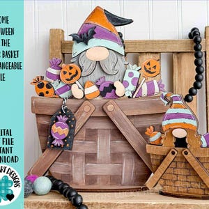 May include: Wooden Halloween gnome and basket set. The gnome wears a striped orange, purple, and blue hat. The basket is filled with sweets and pumpkins. The text on the image says "Gnome Halloween for the Flower Basket Interchangeable File."