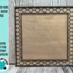 May include: A brown wooden sign with a black chicken wire design border. The sign is blank and ready for personalization.