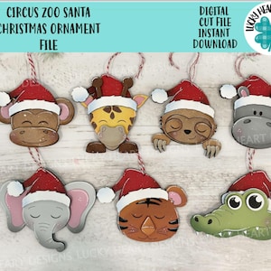 Puede incluir: Conjunto de seis archivos de corte digital para adornos navideños con varios animales que llevan gorros de Papá Noel. Los animales incluyen un mono, una jirafa, un perezoso, un hipopótamo, un elefante y un tigre.