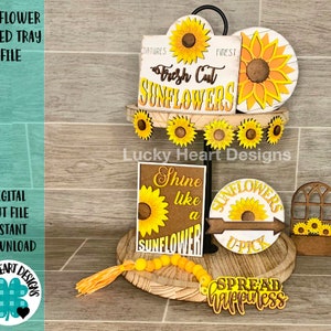 Sunflower Tiered Tray File SVG, Glowforge Tier Tray Floral Flower Summer Fall, Lucky Heart Designs