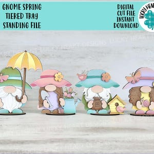 Gnome printemps plateau à plusieurs niveaux fichier SVG, parapluie, fleur, papillon, nichoir, jardin, Glowforge, LuckyHeartDesignsCo