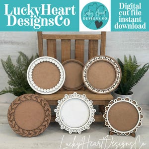 May include: A collection of decorative wooden round frames with various white and brown designs. The frames include beaded, floral, and scalloped edges. The image also features the text "LuckyHeart Designs Co" and "Digital cut file instant download".