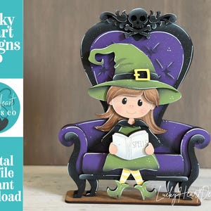May include: A decorative wooden cutout featuring a character with brown hair wearing a green witch hat and dress, sitting on a purple and black armchair. The chair back has a skull and crossbones design. The character holds a book labeled SPELLS.