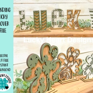 May include: Wooden "LUCKY" sign with clover and floral designs. The letters are in various patterns, including floral, plaid, and solid colors. The image also shows clover-shaped cutouts and the text "STANDING LUCKY CLOVER FILE".