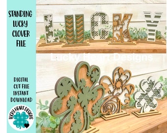 May include: Wooden "LUCKY" sign with clover and floral designs. The letters are in various patterns, including floral, plaid, and solid colors. The image also shows clover-shaped cutouts and the text "STANDING LUCKY CLOVER FILE".
