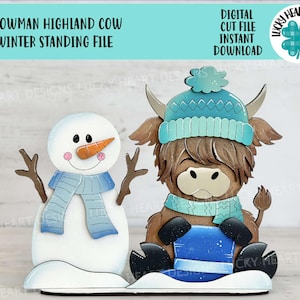 雪だるまハイランド牛冬立ちファイル SVG、雪の結晶、農場、霜、休日、段付きトレイ、Glowforge、LuckyHeartDesignsCo