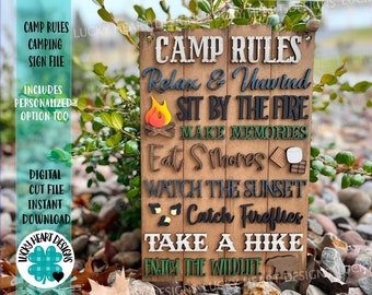 May include: A wooden sign with the text "Camp Rules" and a list of rules for camping, including "Relax & Unwind", "Sit by the Fire", "Make Memories", "Eat S'mores", "Watch the Sunset", "Catch Fireflies", "Take a Hike", and "Enjoy the Wildlife".