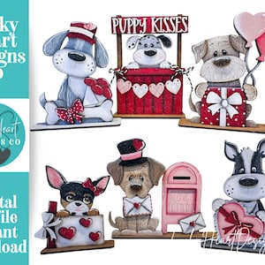 May include: A collection of wooden dog figurines with Valentine's Day themes. The dogs are holding gifts, balloons, and mail. The text "Puppy Kisses" and "Love Letters" are visible. The phrase "Digital cut file instant download" is also present.