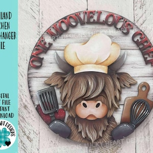 ハイランド キッチン ドア ハンガー ファイル SVG、ベーキング、シェフ、牛、農場 Glowforge、LuckyHeartDesignsCo