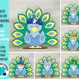 Chapéus de animais pavão arquivo MINI intercambiável SVG, sinal de inclinação sazonal, feriado, bandeja em camadas Glowforge, LuckyHeartDesignsCo