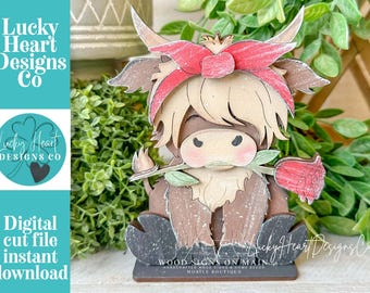 Highland Rose Valentine Standing Cow File SVG, Love, Heart, Farm, Tiered Tray Glowforge LuckyHeartDesignsCo