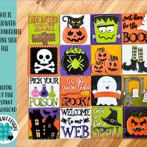May include: A set of 12 interchangeable Halloween-themed wooden signs. The signs feature various spooky characters and sayings, including a haunted house, a cauldron, a ghost, a witch, and a pumpkin. The signs are perfect for decorating your home for Halloween.