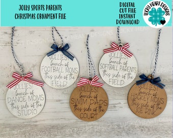 Jolly Sports Parents Christmas Ornament Tag File SVG, Glowforge, Mom Dad, Bag Tag, Football,Cheer, Hockey, Baseball, LuckyHeartDesignsCo