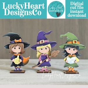May include: Three standing witch figurines with colorful hats and outfits. The left witch holds a yellow bottle labeled Witch's Elixir. The center witch holds a brown broom. The right witch holds a white book labeled SPELLS. Digital cut file.