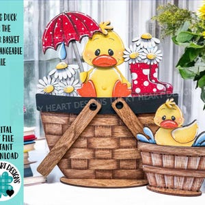 Canard printanier pour le panier de fleurs fichier interchangeable SVG, minuscule, floral, marguerite, parapluie, bottes plateau à plusieurs niveaux, Glowforge, LuckyHeartDesignsCo