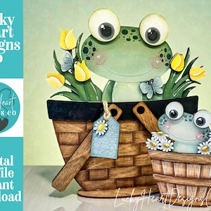 May include: A whimsical illustration of two cartoon frogs in woven baskets, surrounded by yellow tulips and butterflies. The larger frog has big eyes and a friendly expression. The image includes the text "Hop into Spring".