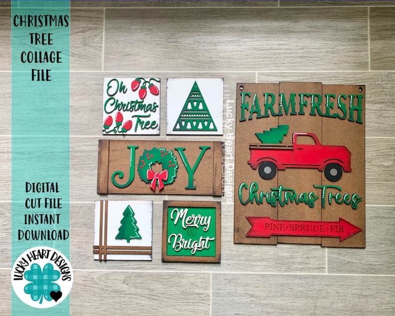 Christmas Tree Wall Collage File SVG, Leaning Ladder, Tiered Tray Glowforge, LuckyHeartDesignsCo 