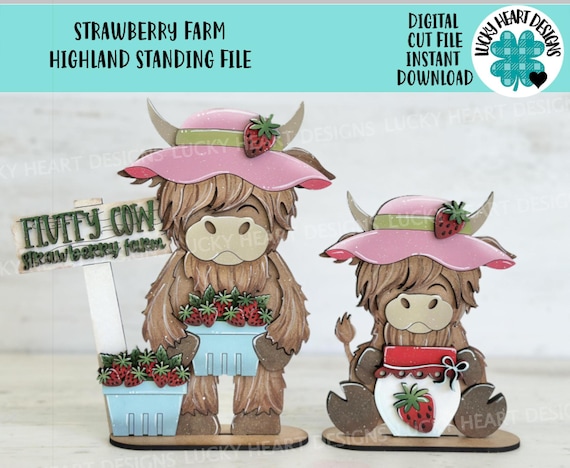 Strawberry Farm Highland Standing File SVG, Glowforge, Fruit, Cow, Farm, Tiered Tray LuckyHeartDesignsCo