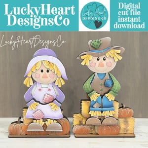 Archivo SVG de letrero colgante para estante con espantapájaros, otoño, granja, calabaza, fardo de heno, maíz, decoración de repisa, glowforge LuckyHeartDesignsCO