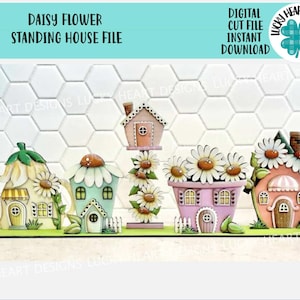 Daisy Flower staande huizen bestand SVG, Glowforge, lente, theepot, fee, vogelhuisje, LuckyHeartDesignsCo