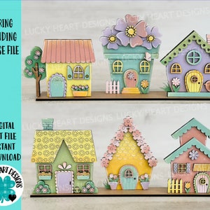 File SVG di case in piedi primaverili, Glowforge, fiore, casetta per uccelli, LuckyHeartDesignsCo