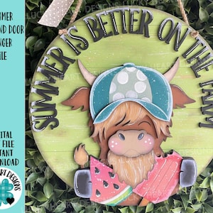 Sommer Highland Tür Aufhänger Datei SVG, Sommer, Kuh, Wassermelone, Eis am Stiel, Bauernhof Glowforge, LuckyHeartDesignsCo