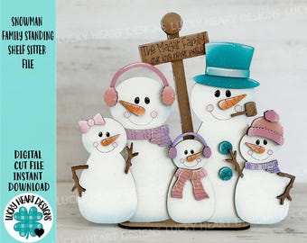 Snowman Family Standing Shelf Sitter File SVG, Glowforge Snowmen Personalized Winter Decor  LuckyHeartDesignsCo