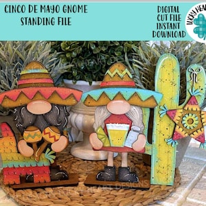 Cinco De Mayo Gnome Archivo de pie SVG, Bandeja escalonada Glowforge, Fiesta, Cactus, Piñata, LuckyHeartDesignsCo