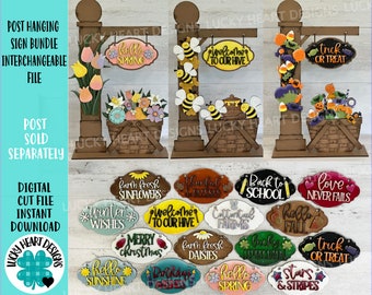 May include: A set of 18 interchangeable wooden signs for a post hanging sign bundle. The signs feature various seasonal and holiday themes, including "Hello Spring", "Welcome to Our Hive", "Trick or Treat", "Farm Fresh Sunflowers", "Winter Wishes", "Merry Christmas", "Hello Sunshine", "Birthday Wishes", "Hello Spring", "Stars & Stripes", "Back to School", "Love Never Fails", "Hello Fall", "Farm Fresh Daisies", "Lucky Horseshoe", and "Cottage Farms".