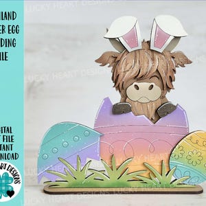 Highland Easter Egg Standing File SVG, Glowforge Tiered Tray, Farm, Bunny, Cow, LuckyHeartDesignsCo