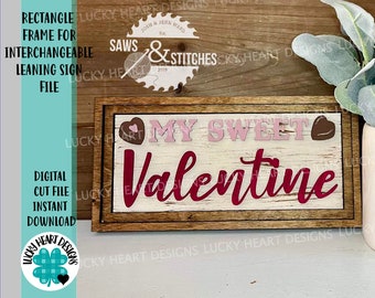 May include: A wooden sign with a distressed white background and a brown frame. The sign says "My Sweet Valentine" in pink and red lettering with two small hearts on either side of the text.