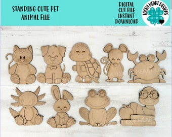 Standing Cute Pet Animal File SVG, Zoo, Nursery, Dog, Cat, Turtle, Mouse, Crab Axolotl Frog Bunny Tiered Tray Glowforge, LuckyHeartDesignsCo