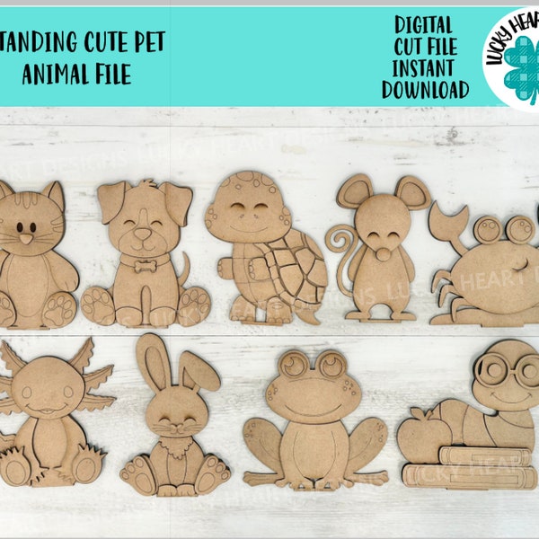 Standing Cute Pet Animal File SVG, Zoo, Nursery, Dog, Cat, Turtle, Mouse, Crab Axolotl Frog Bunny Tiered Tray Glowforge, LuckyHeartDesignsCo