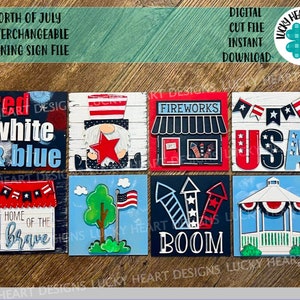 May include: A set of eight interchangeable leaning sign files with a Fourth of July theme. Each square features patriotic designs, including fireworks, the American flag, and the text "Red, White & Blue" and "USA". The text "Forth of July Interchangeable Leaning Sign File" is also visible.