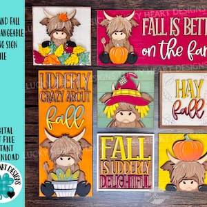 Può includere: Set di otto file di taglio digitale con illustrazioni di mucche delle Highlands con testo a tema autunnale. I design includono "L'autunno è meglio in fattoria", "Fieno d'autunno", "Completamente pazza per l'autunno", "L'autunno è assolutamente delizioso", e altro ancora.